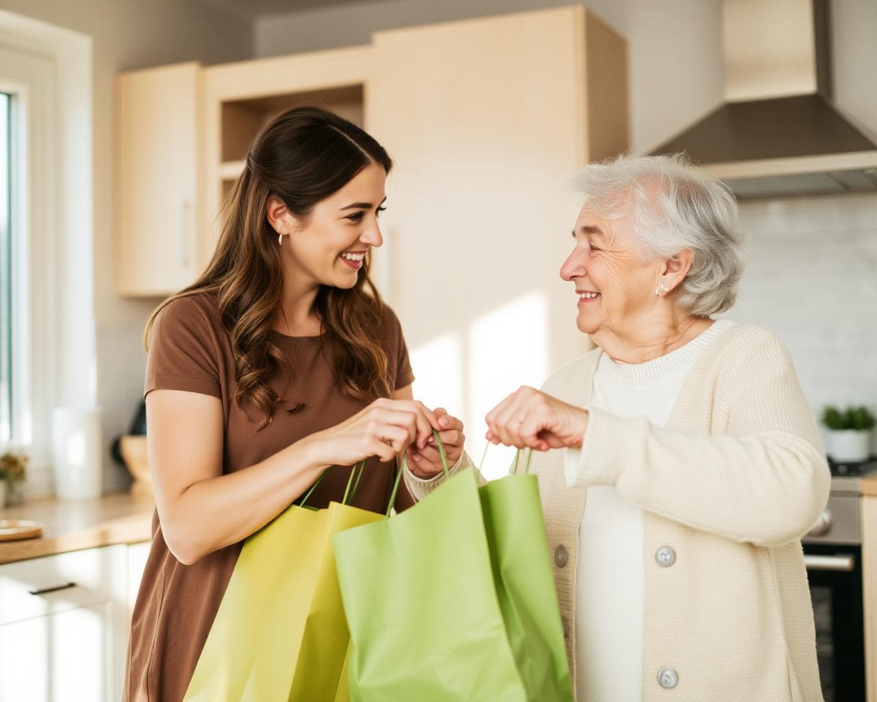 Junge Helferin unterstützt Seniorin beim Einkaufen