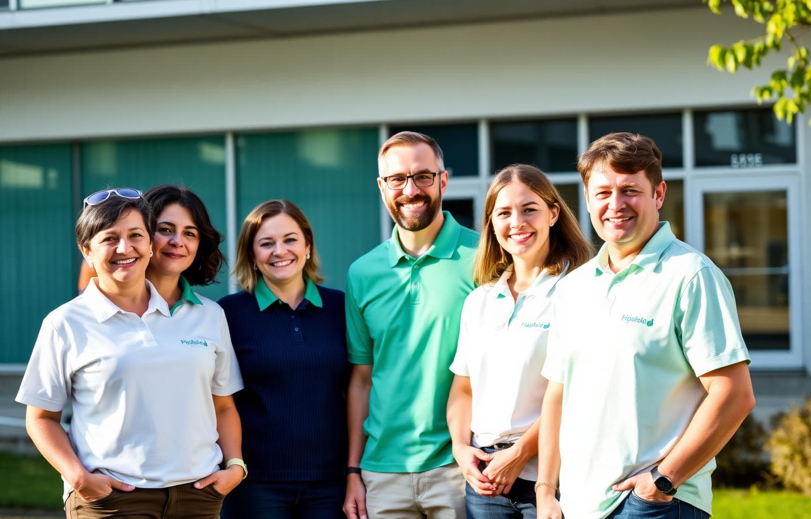 Das Team von Tetra Sozial steht zusammen vor dem Büro in Duisburg
